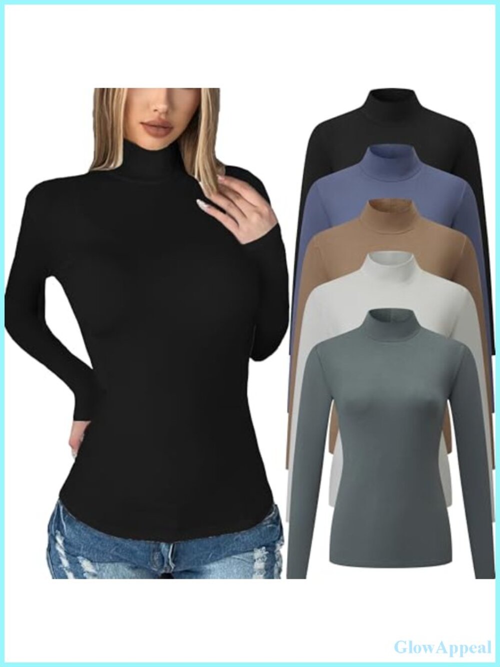 Womens Long Sleeve Mock Turtleneck Tops 5 Pack Cotton Spandex Slim Fit Thermal